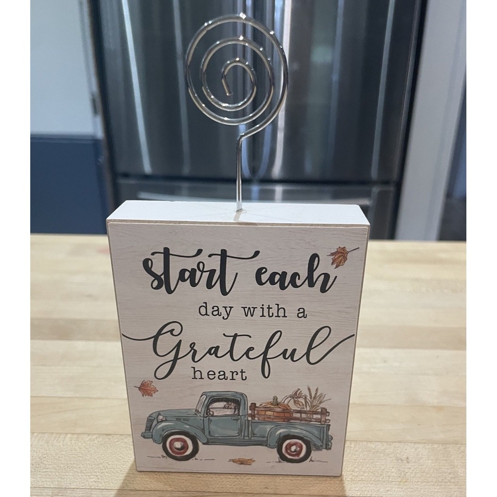 Start Each Day Grateful Heart Blue Truck Wood Photo Picture Holder Shelf Sitter